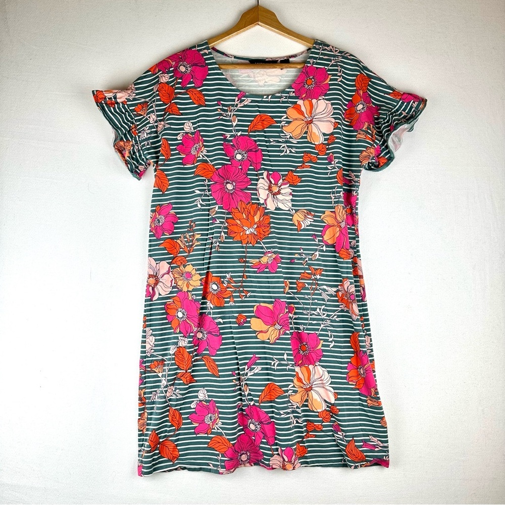 Lands'End Floral Stripe Knit Dress Ruffle Sleeve Stretch Resortwear